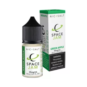 Professional-looking e-liquid bottle of Astro (Green Apple) Nic Salt - Space Jam. High-quality packaging with bold, black text on a sleek white background. Nicotine salt base.
