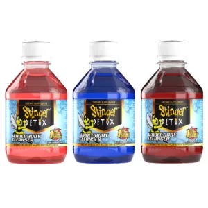 Three transparent Stinger Detox bottles with red, green, and blue labels on a smoking company website.