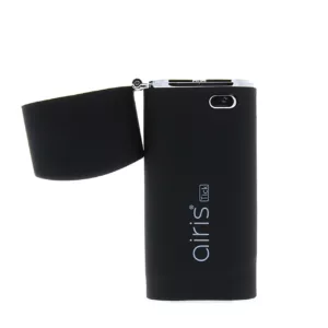 sleek, portable vaporizer with a removable casing for easy cleaning. It features an LCD screen, temperature control, and a USB-C charging port. The device is made of plastic and has a silver ring around the base.