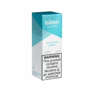 Baton's Glacier Mint e-liquid comes in a white cardboard box with a clear plastic window. The box contains a tray with 5 white bottles numbered 1-5, each with a black label. The label on the bottom of the box reads Glacier Mint by Baton.