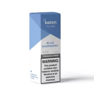 White cardboard box with blue and white text, clear window showing light blue e-liquid with small white specks, and plastic handle on side.