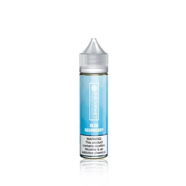 Clear blue raspberry juice with tiny particles, labeled Prophet PMTA, on white background. No bubbles or debris visible. From smoking company website.