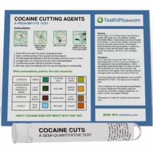 Visual aid for using Cocaine Cut Test Kit Plus, including instructions and sample cocaine powder.