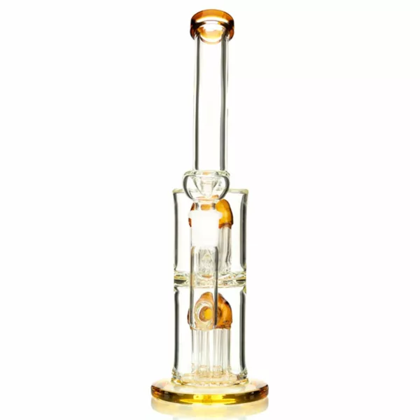 Glass bong with golden base and clear glass stem. Features a small hole at the top and bottom. Perfect for water filtration.