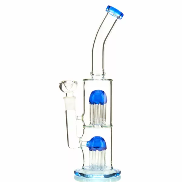 Transparent glass double jelly water pipe with blue balls and clear tube, connected to a small blue and white button.