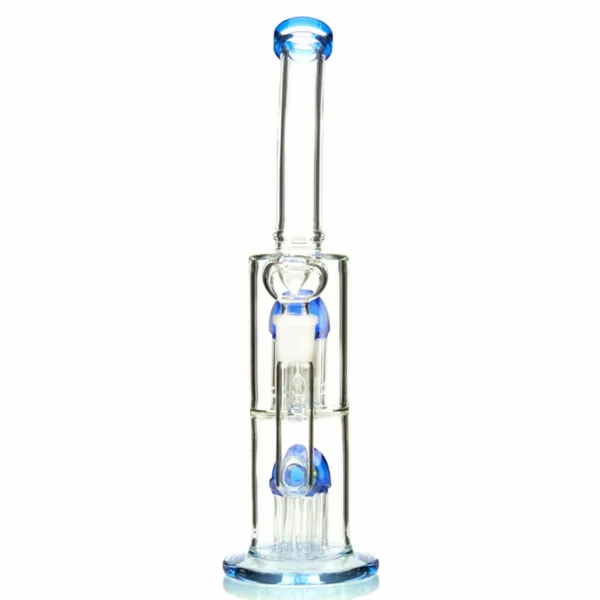 Blue and white glass bong with clear base and stem, small and large holes, white surface.