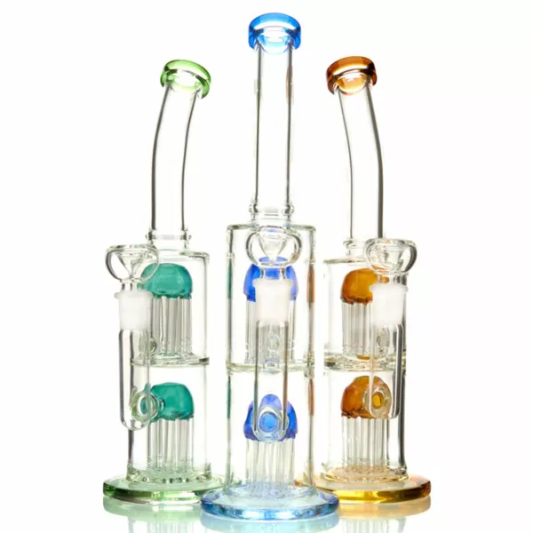 Double-chamber glass water pipe with colorful plugs for smoking. BVWB37.