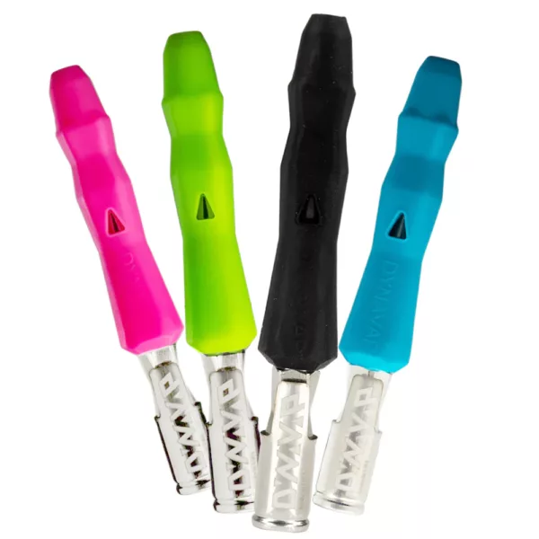 Set of 4 metal vibrators in pink, blue, green, and purple. Different shapes and designs with small handles. Arranged in a line.