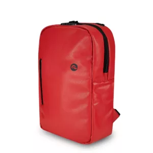 Red backpack with black zipper, large main compartment, durable material and waterproof lining. Designed for outdoor activities with large capacity.