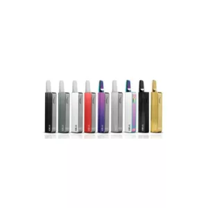 Line of colorful, plastic vaporizers in various sizes and orientations on white background.