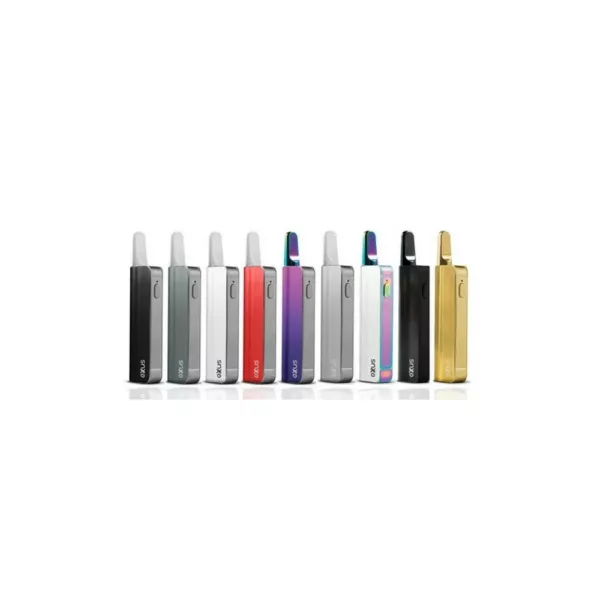 Line of colorful, plastic vaporizers in various sizes and orientations on white background.