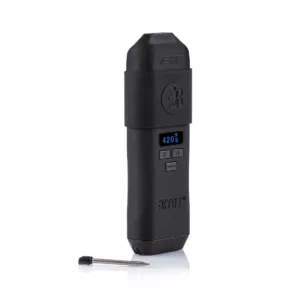 The RYOT Temperature Controlled Vape Device displays temperature in Celsius and has a button for changing it. It also has an LED light indicating that it is on.