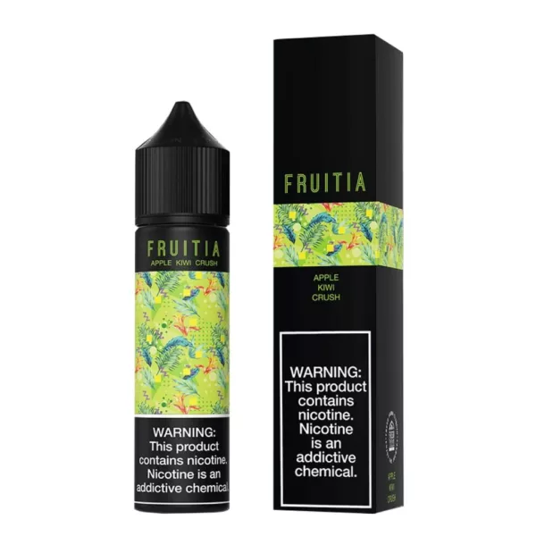 Fruitia's Salt Apple Kiwi Crush e-juice features a green apple and kiwi flavor in a standard rectangular bottle with a clear label and green/yellow/purple color scheme.