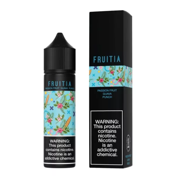 Juice Passion Fruit Guava Punch from Fruitia, with vibrant fruit and floral packaging, blue and pink color scheme, and bold company name.