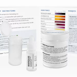Test kit for measuring pH level of liquids, includes plastic container, vial, and tube with pH labels.