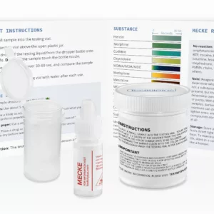 A set of plastic containers and bottles with white and black labels that read Test Strips and Test Kit Plus.
