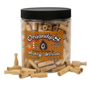 Wooden smoking tips in clear plastic container, visible inside for easy viewing.