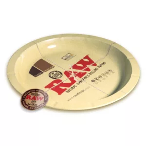 Brown cardboard oval tray with RAW in white on front for holding food or items at events. High quality, durable, and easy to use. Made by a smoking company.
