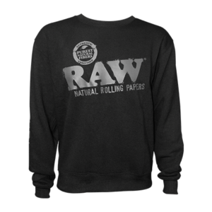 Black crewneck sweatshirt with white 'RP X RAW' embroidery and gray raw logo on zipper pocket. Lightweight, relaxed fit for everyday wear.