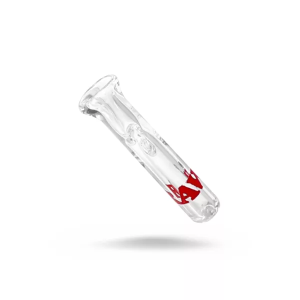 Sleek clear glass smoking pipe with red accents and polished tip. RAW Slim Glass Tip.