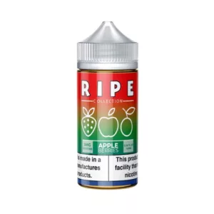 The Ripe e-liquid bottle features a clear label with an illustration of an apple and banana, and lists fruit flavor, vegetable glycerin, and a small amount of nicotine. It has a clear, fruity flavor with a hint of sweetness.