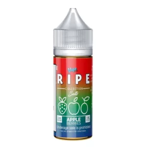 Clear bottle of 'Ripe' fruit flavored e-liquid with 'Apple Berries' sticker. #AppleBerries #RipeSalt 30ml