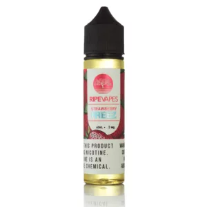 Clear bottle of strawberry e liquid with red liquid and white label with 'Strawberry Flavor' in black letters.