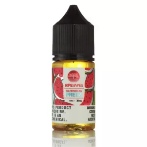 Ripe Vapes' watermelon juice, with red label and logo on white background.