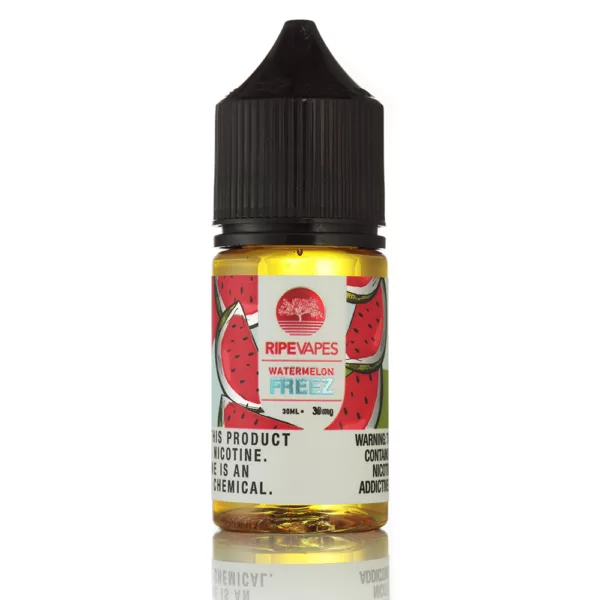 Clear bottle, cloudy juice, red label, green cap - Ripe Vapes Watermelon Freeze Juice.