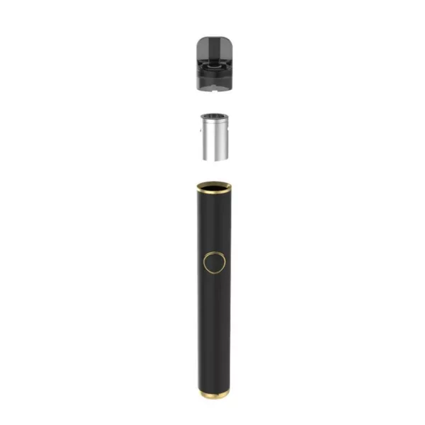 sleek, modern e-cigarette pen with a black and gold body, cylindrical shape, and round mouthpiece. It displays current settings and battery life, and uses a liquid solution containing nicotine and flavorings.