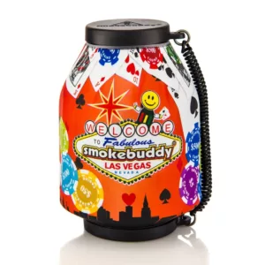 Colorful casino-themed canister for smokeless tobacco, made of plastic with a removable lid. Portable and visually appealing.