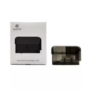 Black box with white Suorin logo and stripes, open on one side with square window. Contains black plastic tray holding inhaler and cartridge.