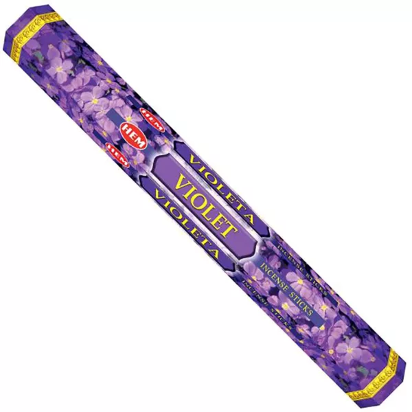 6 purple incense sticks in white paper packaging with yellow & purple design featuring symmetrical lilies. Relaxing aroma for a peaceful atmosphere. From 'Tranquility'.