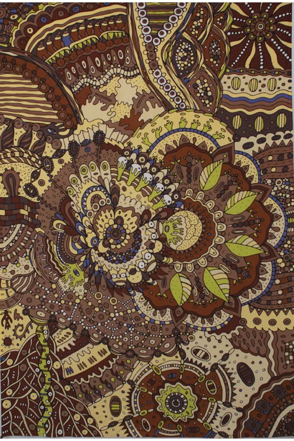 Beautiful plant-themed tapestry with brown and green colors, featuring various flowers and leaves on a brown background.