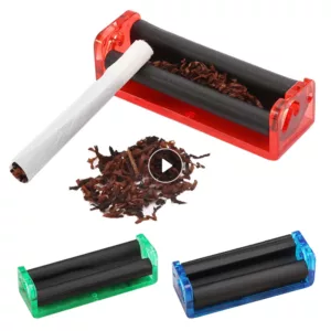A 70mm plastic rolling machine with 4 metal rollers connected by a chain, available in different colors. Suitable for making cigarettes and other rolled tobacco products at home.