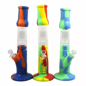 Three colorful glass pipes with swirl patterns on a white background.