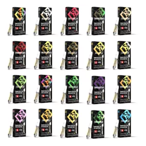 A pack of 100 cigarettes with different designs and colors, in black packaging with white and red accents.