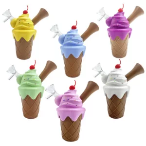 Multicolored ice cream cone-shaped silicone water pipe with various designs on each cone.