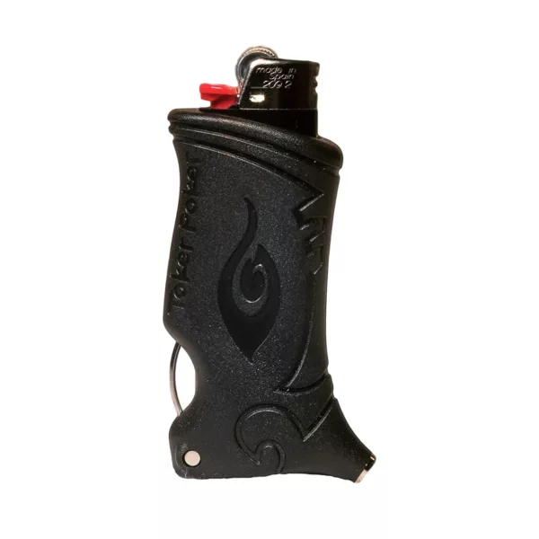 A black zipper case with a red lighter, featuring the words Smoker's Poker and Toker in red, and a red flame symbol.