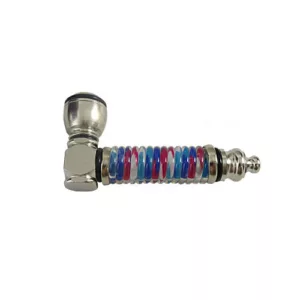 metal smoking pipe with a colorful, multi-colored design and a small hole at the end. It has a silver finish and a round base, and is displayed on a white background.