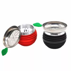 Stainless steel handle and mouthpiece, polished apple-shaped silicone bowl with adjustable knob and smoke hole. Held in place by stainless steel ring.