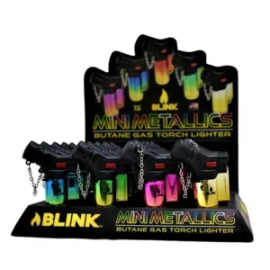 Display case featuring a variety of colorful, metallic lighters with bold Mini Metallic Lighters text on black background.