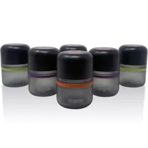 Six clear plastic jars with black and orange stripes, childproof lids with small holes, for storing smoking accessories.