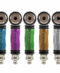 Four colorful glass pipes with metallic rings and rubber grips, held together by a silver metal ring.
