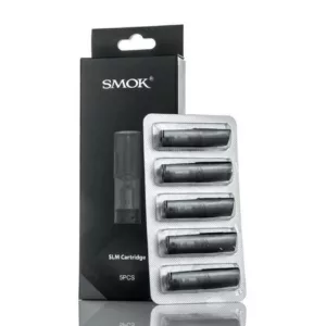Four black cartridges in a clear plastic container with a black and white design and the words SMOK on the front.