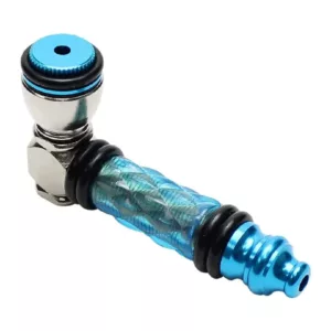 Unique modern blue and silver metal pipe with twisted design and screw-on end. 324 Fat Gelz Big Pipe.