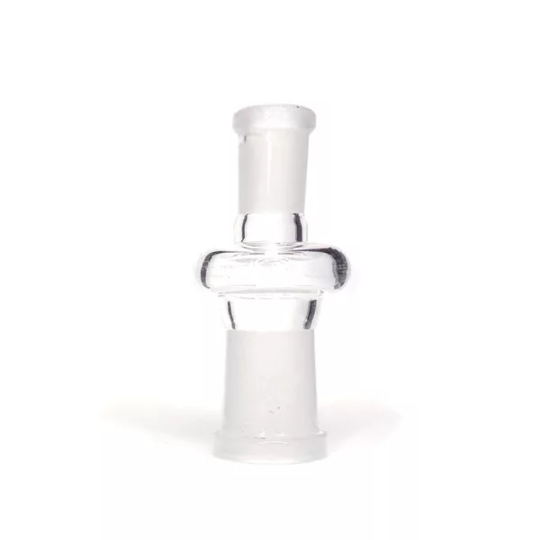 Clear glass pipe with small, round base and long, curved stem. Stem attached to base with circular joint. Base has small circular hole in center. White background.