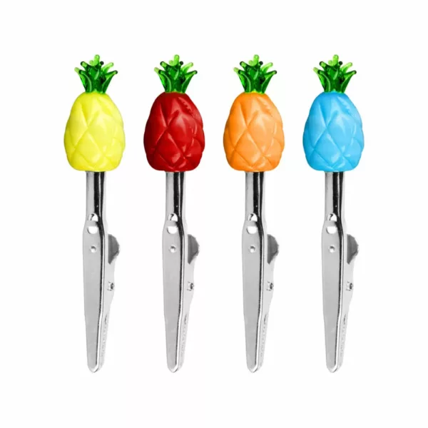 Colorful pineapple-shaped roach clips, sold as Pulsar by a smoking company, made of shiny material and hung from a silver metal rod.