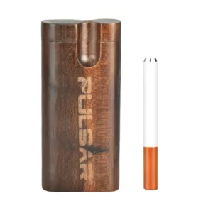 Wooden case with white/orange label & cigarette holder. Rectangular shape with rounded edges & handle. Case says 'Rock' in white/orange letters.