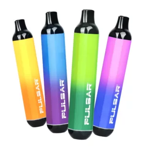 Three portable vaporizers in blue, green, and purple with colorful gradient designs. Made of plastic, easy to use with e-liquids and compact for personal use.